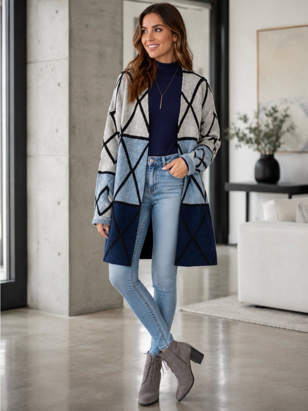 JOSEPH A Geometric Long Open-front Cardigan Color Block Navy\Teal S NWT